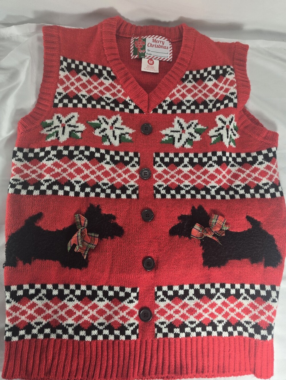 Vintage Christmas Scottie Dog Sweater Vest Womens Medium Red Holiday Cardigan